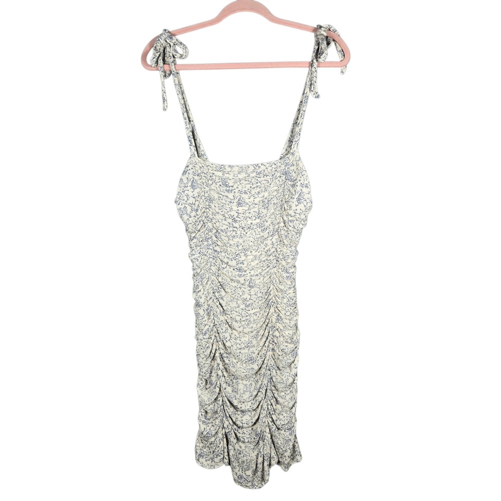 North End Ruched Mini Dress Medium Floral Toile Tie Strap Summer Cream Blue
